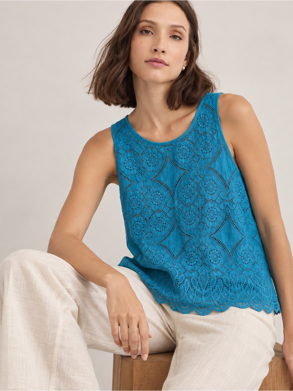 LOFT Lace Crochet Eyelet Scalloped Hem Sleeveless Blouse Turquoise Sea Size XL